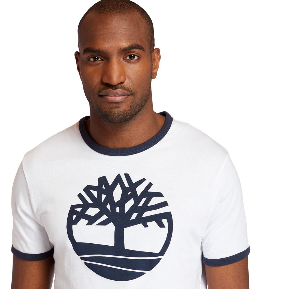 Timberland Mens T-Shirts Tree Logo Ringer - White - India CQ9026548